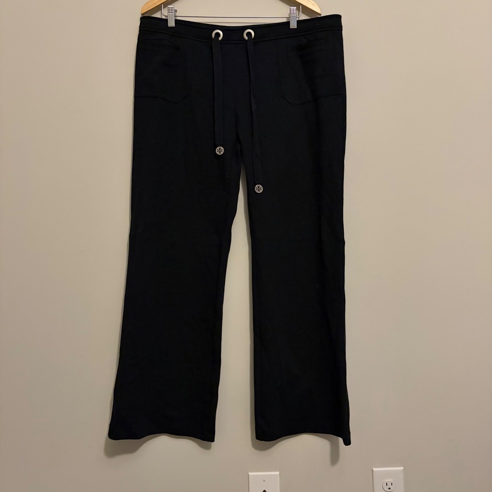 Tory Burch Black Wide Leg Lounge Pants Cotton Blend Drawstring XL